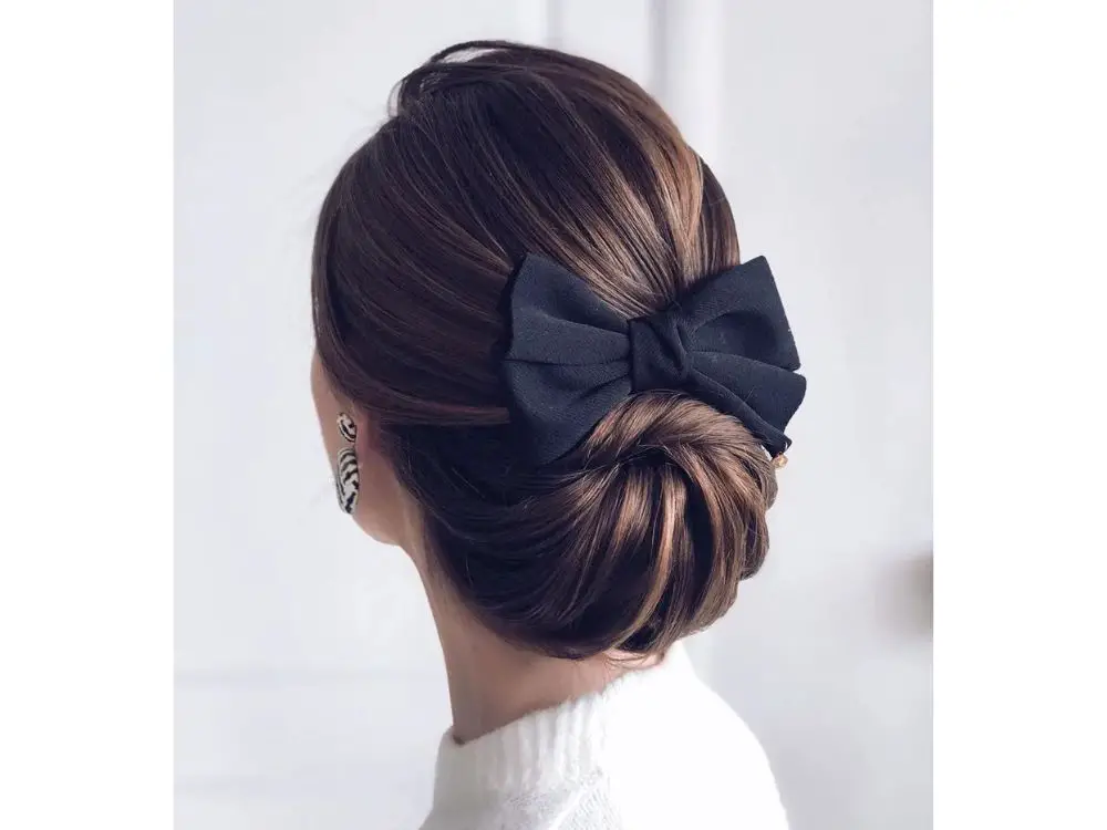 Brown Bun With Large Black Fabric Bow Brown Bun With Large Black Fabric Bow — Classy Updo Wig