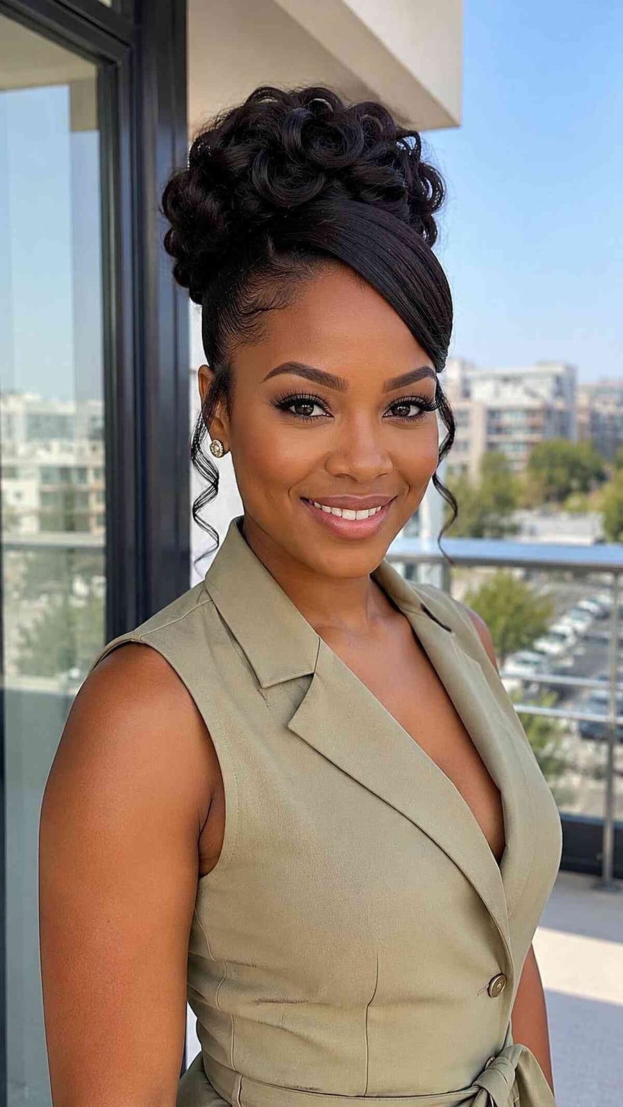 High Black Curly Bun With Side-Swept Bangs High Black Curly Bun With Side-Swept Bangs — Classy Updo Wig