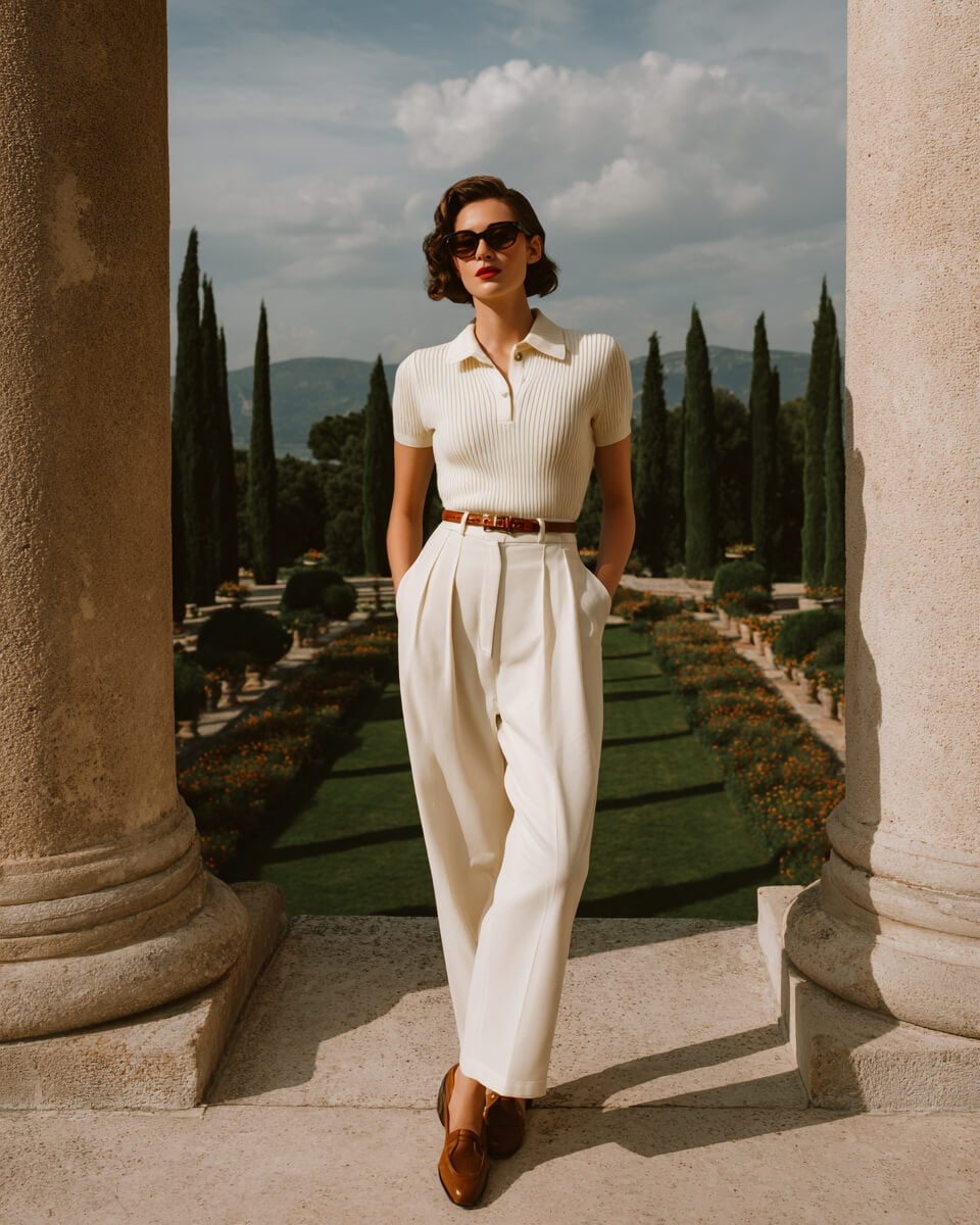 Cream Ribbed Knit Polo and Pleated Trousers Create a Chic Ensemble Cream Ribbed Knit Polo and Pleated Trousers Create a Chic Ensemble — Classy Vintage Style