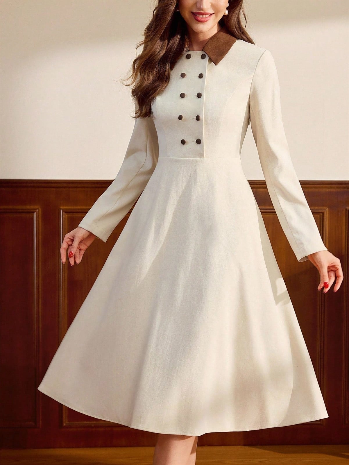 Off-white Midi Dress with Contrast Brown Collar and Buttons Off-white Midi Dress with Contrast Brown Collar and Buttons — Classy Vintage Style