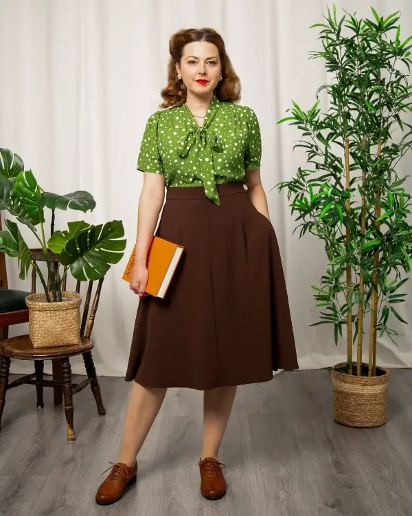 Green Polka Dot Bow-Tie Blouse with Brown A-line Midi Skirt Green Polka Dot Bow-Tie Blouse with Brown A-line Midi Skirt — Classy Vintage Style