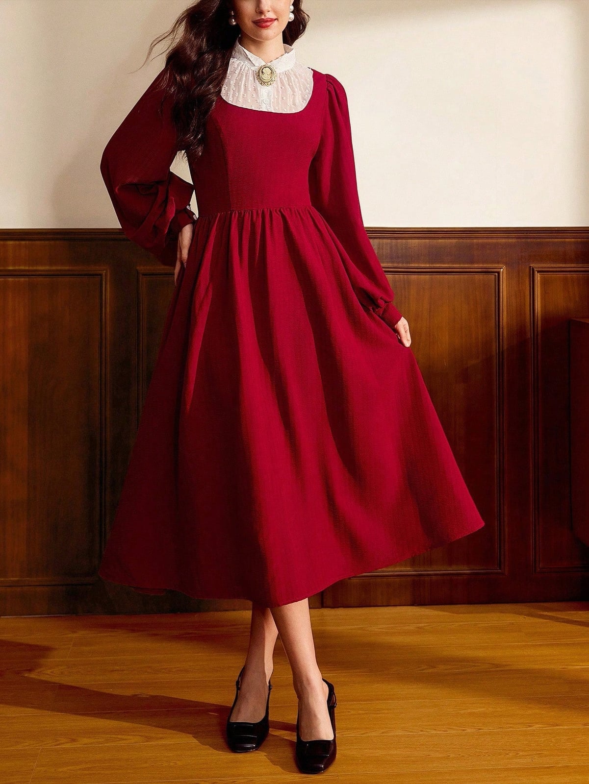 Wine Red Midi Dress with White Lace Collar Detail Wine Red Midi Dress with White Lace Collar Detail — Classy Vintage Style