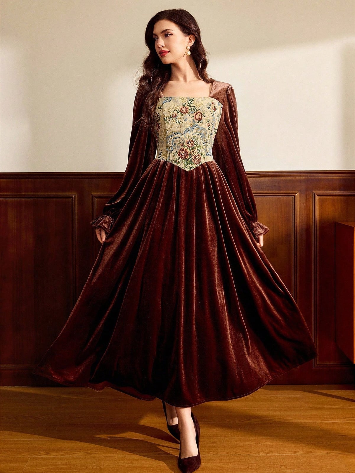 Brown Velvet Maxi Dress with Patterned Bodice, Close-Up Take Brown Velvet Maxi Dress with Patterned Bodice, Close-Up Take — Classy Vintage Style
