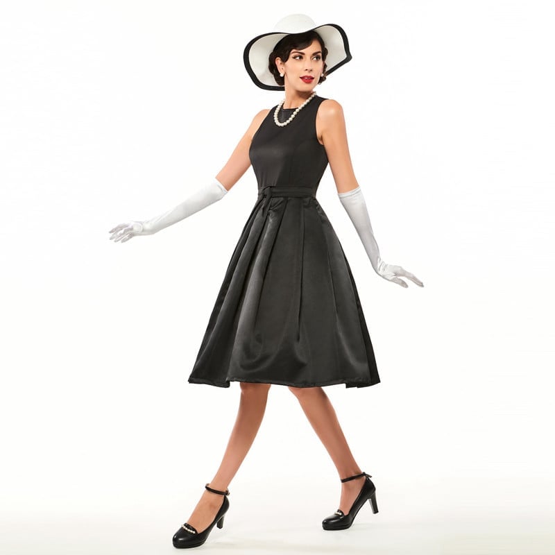 1950s Inspired Black Satin Dress with Hat, Office-Safe Version 1950s Inspired Black Satin Dress with Hat, Office-Safe Version — Classy Vintage Style