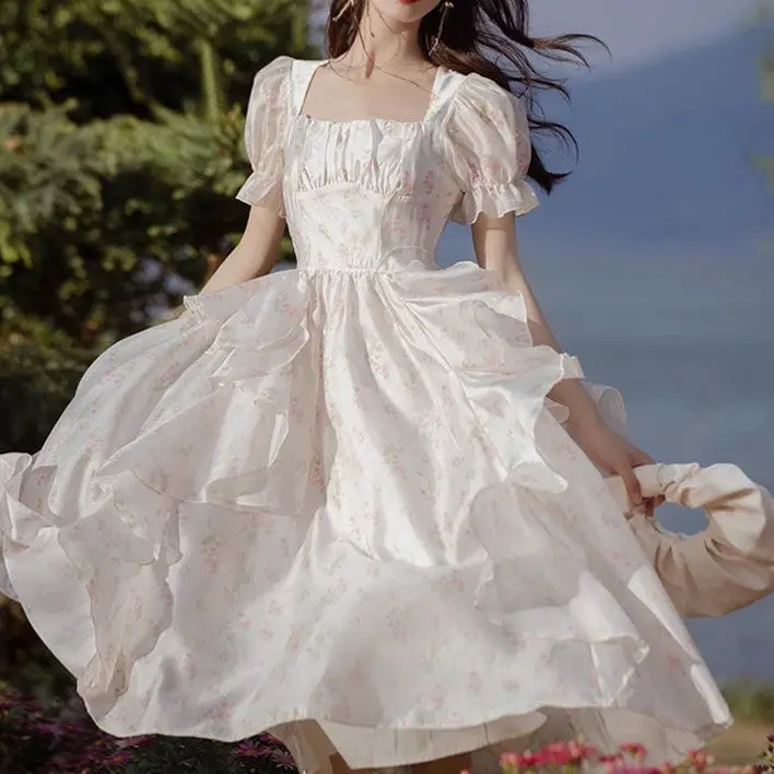 White Floral Chiffon Dress with Puffy Sleeves, Close-Up Take White Floral Chiffon Dress with Puffy Sleeves, Close-Up Take — Classy Vintage Style