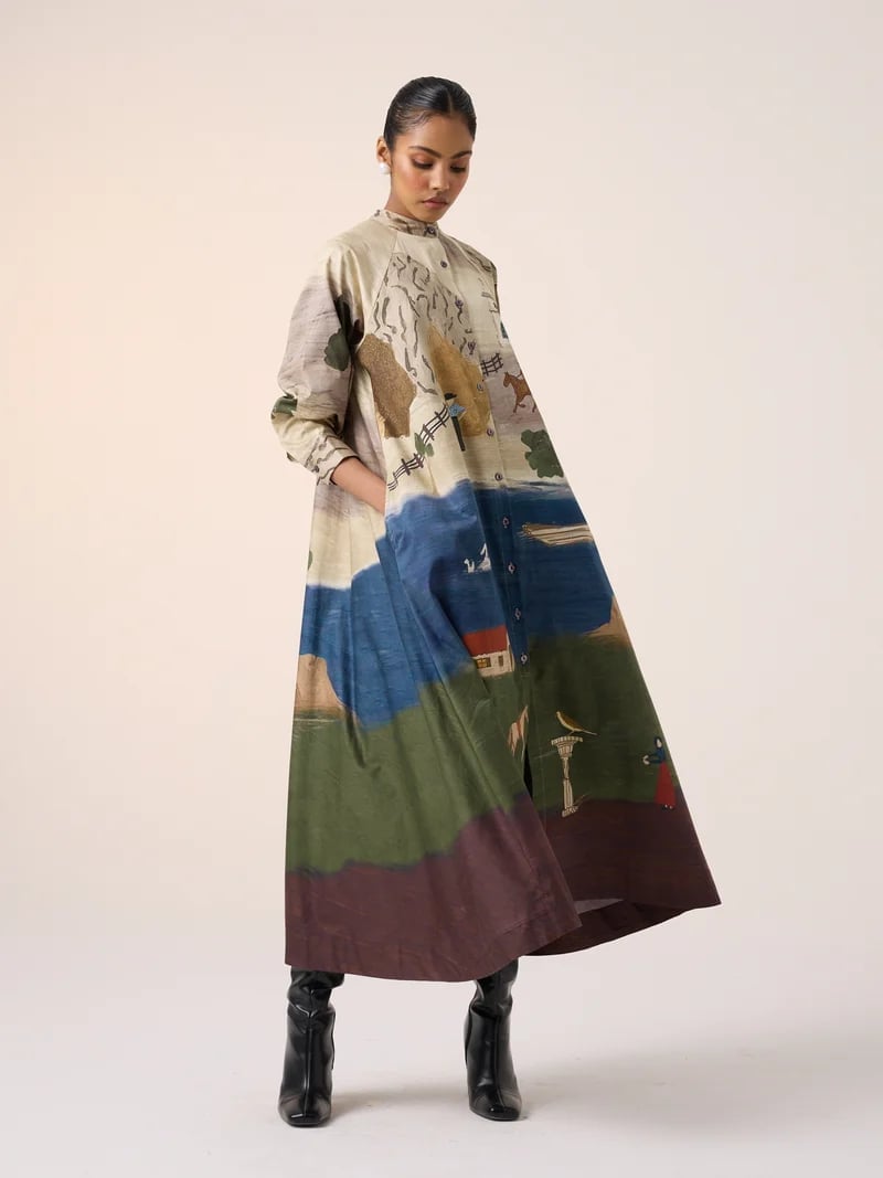 Landscape Print Midi Dress with Black Ankle Boots Landscape Print Midi Dress with Black Ankle Boots — Classy Vintage Style