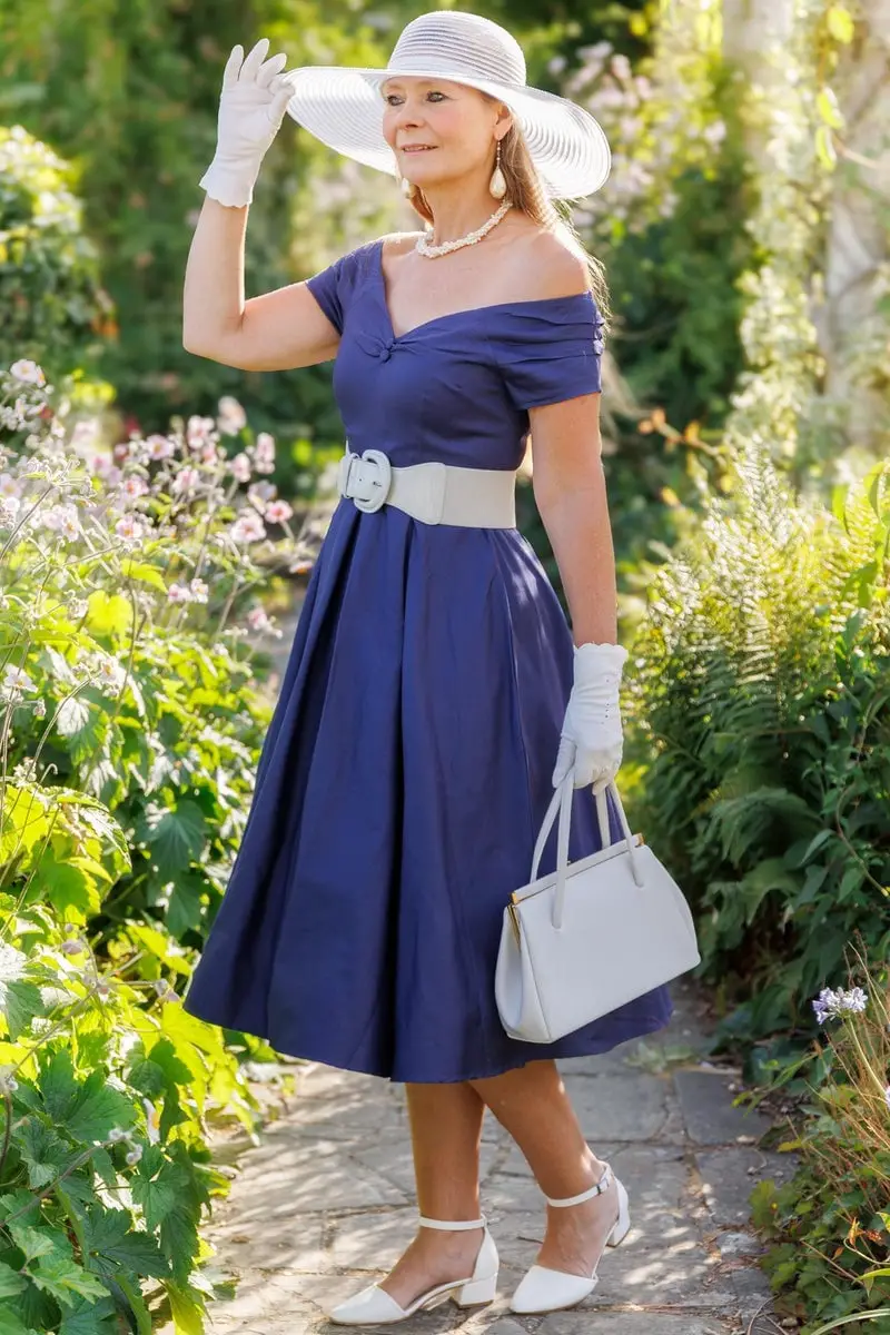 Navy Off-Shoulder Dress with White Hat and Gloves for a Garden Party Navy Off-Shoulder Dress with White Hat and Gloves for a Garden Party — Classy Vintage Style