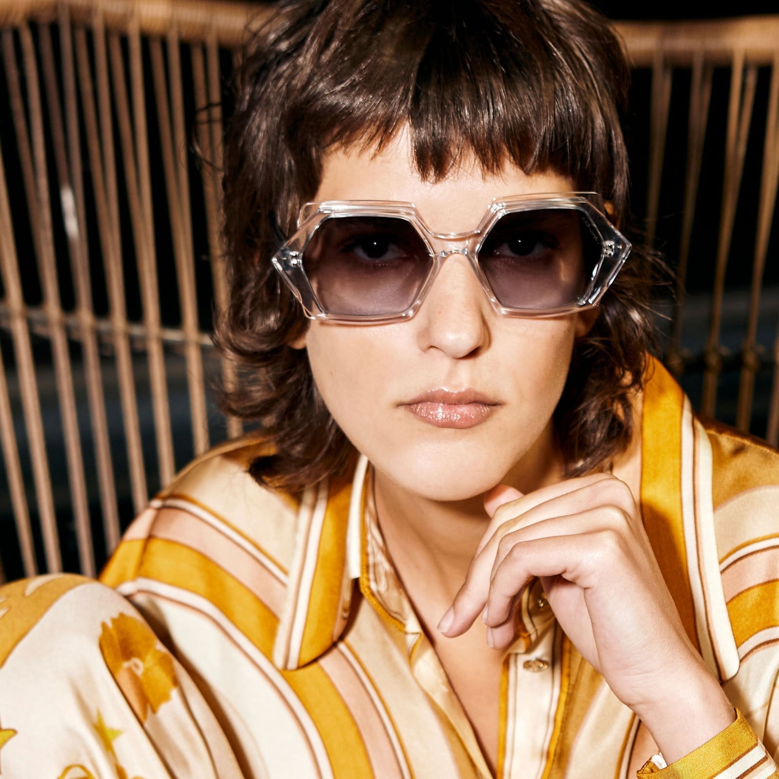 Silk Striped Blouse Paired with Geometric Sunglasses Silk Striped Blouse Paired with Geometric Sunglasses — Classy Vintage Style
