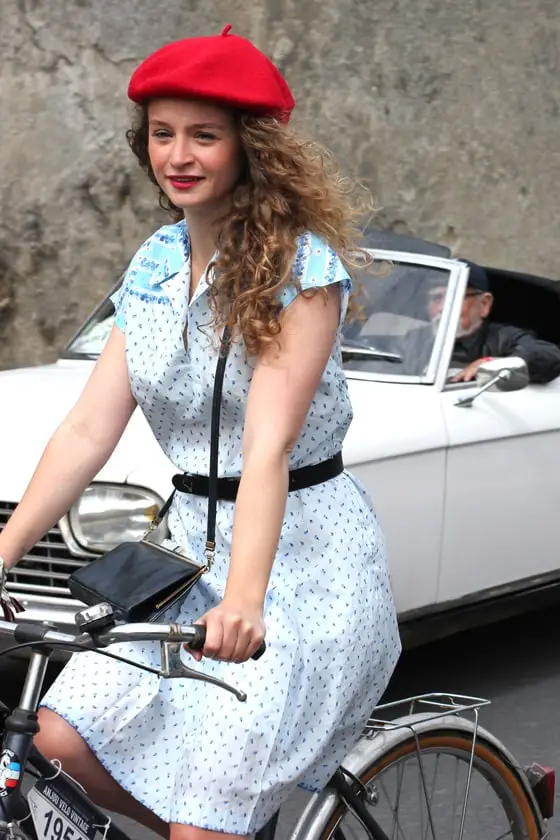 Light Blue Patterned Dress with Red Beret and Sneakers Light Blue Patterned Dress with Red Beret and Sneakers — Classy Vintage Style
