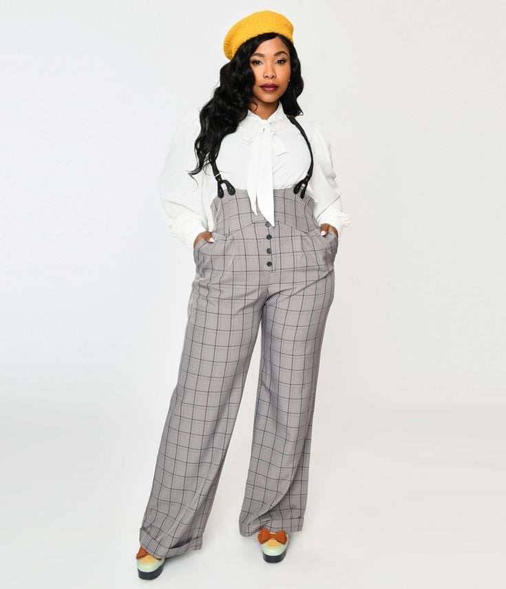 Pussy Bow Blouse and Plaid Wide-Leg Trousers with Suspenders Pussy Bow Blouse and Plaid Wide-Leg Trousers with Suspenders — Classy Vintage Style
