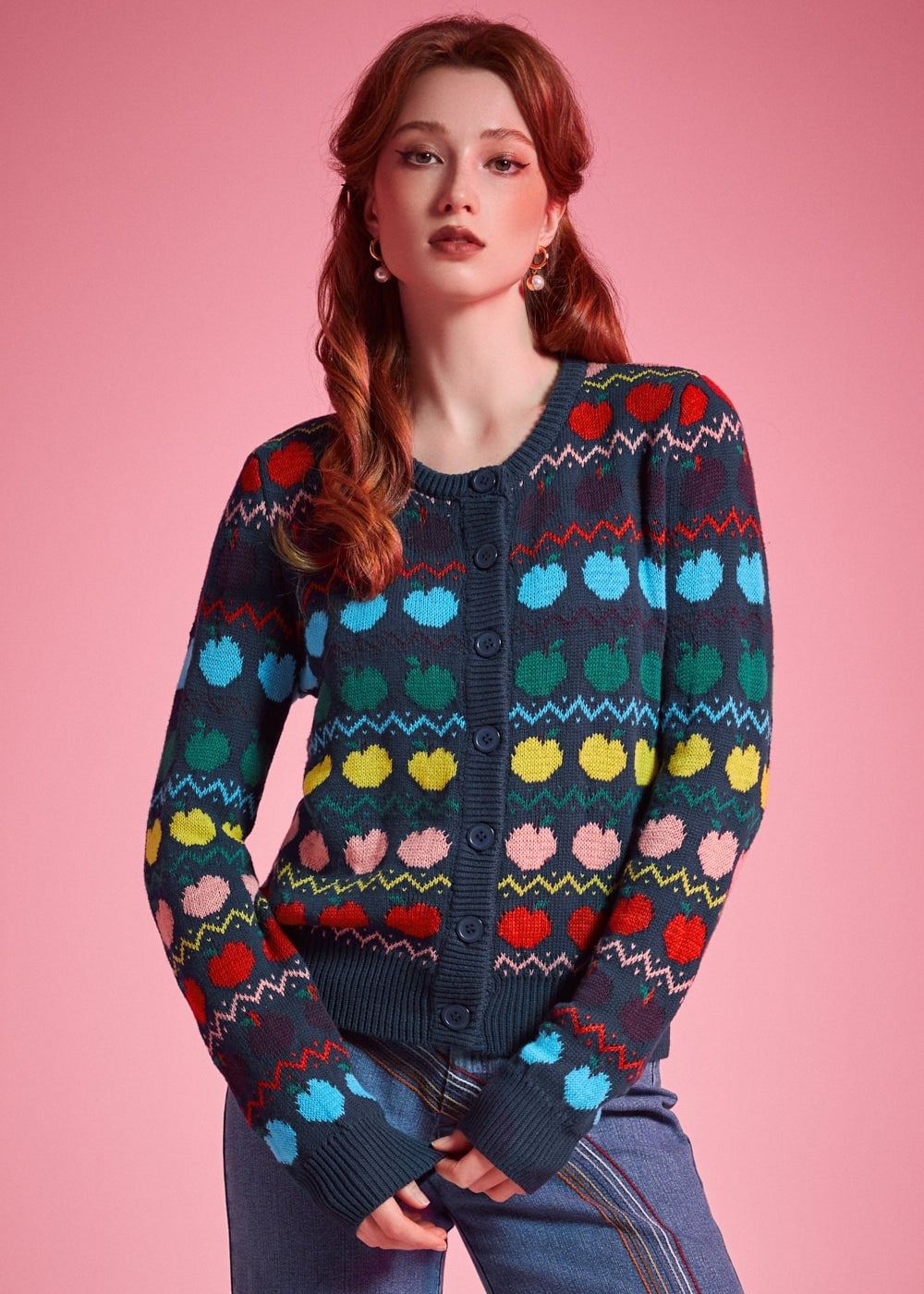 Navy Knit Cardigan with Colorful Floral Pattern Navy Knit Cardigan with Colorful Floral Pattern — Classy Vintage Style