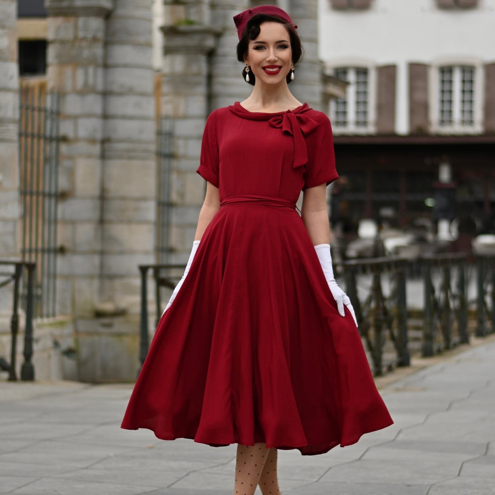 Red Fit and Flare Midi Dress with White Accessories Red Fit and Flare Midi Dress with White Accessories — Classy Vintage Style