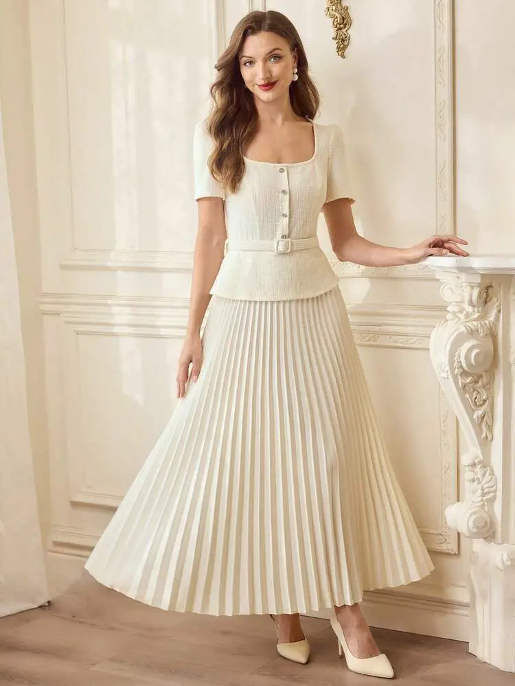 Textured Peplum Top and Pleated Midi Skirt in Cream Tones Textured Peplum Top and Pleated Midi Skirt in Cream Tones — Classy Vintage Style