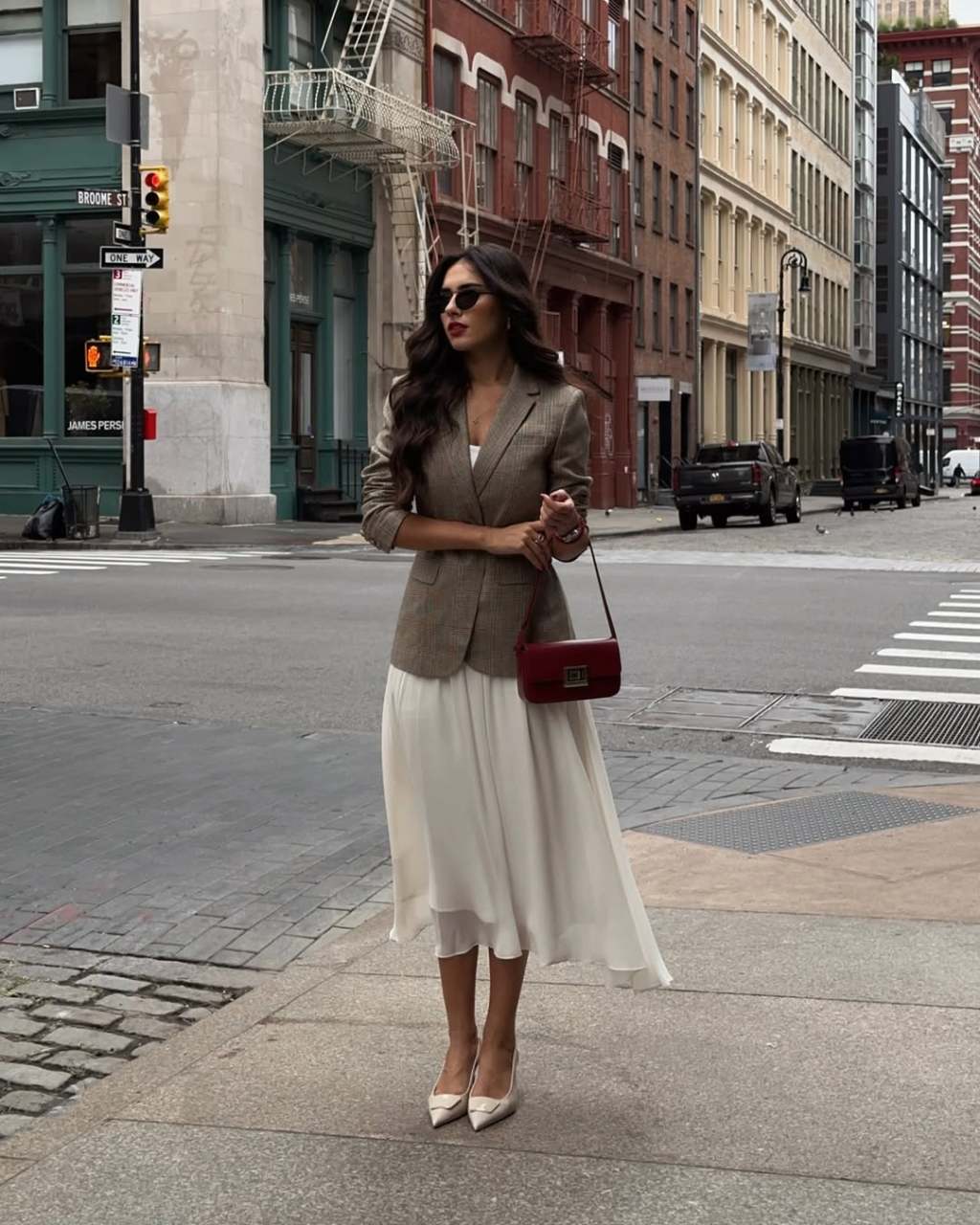 Beige Tweed Blazer Over a White Chiffon Midi Dress Beige Tweed Blazer Over a White Chiffon Midi Dress — Classy Vintage Style