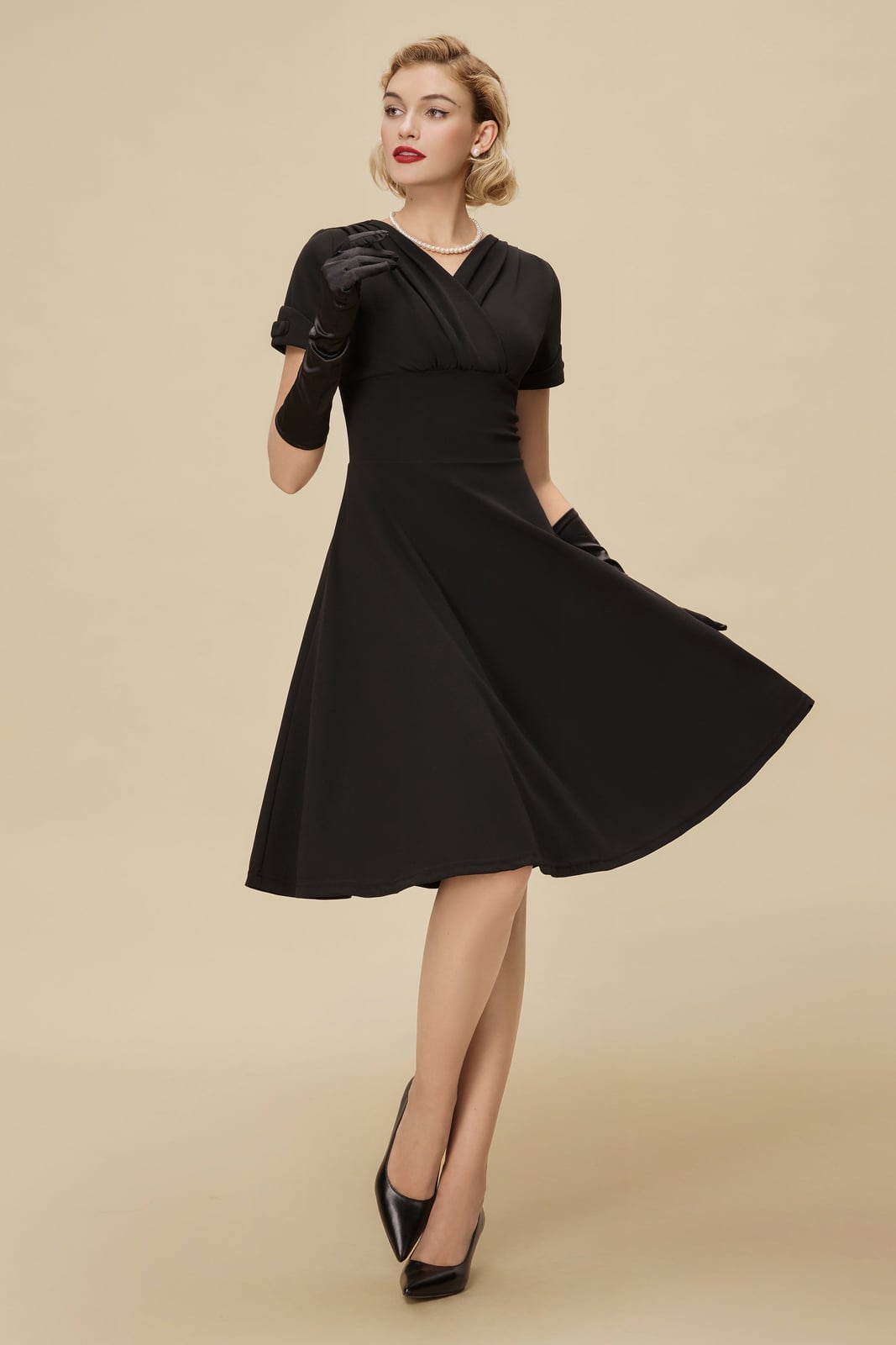 Black Fit-And-Flare Dress with Pearls and Gloves for Cocktail Hour Black Fit-And-Flare Dress with Pearls and Gloves for Cocktail Hour — Classy Vintage Style