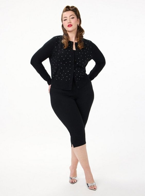 Sparkling Black Cardigan Over Cropped Pants Sparkling Black Cardigan Over Cropped Pants — Classy Vintage Style