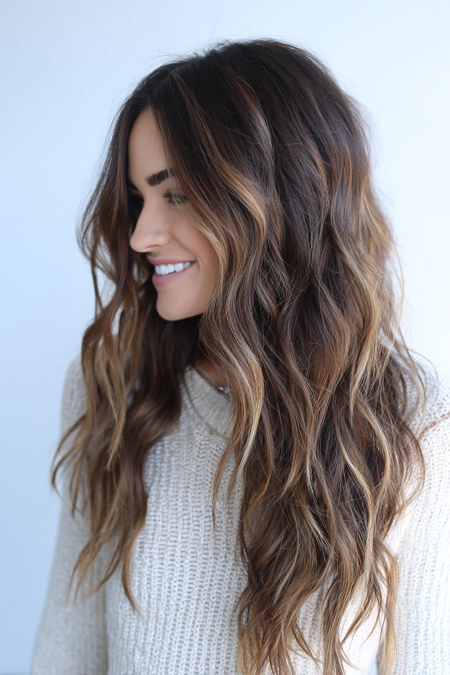 Mid-Back Brown Honey Blonde Balayage Waves With A Woman With Thick — Classy Wavy Hair Hairstyles