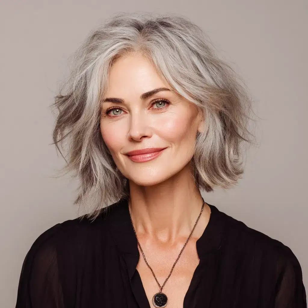Chin Length Silver Gray Messy Waves Wispy Bangs — Classy Wavy Hair Hairstyles