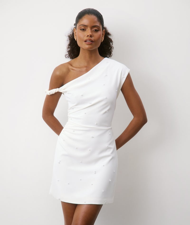 White One-Shoulder Mini Dress with Pearl Embellishments — Classy White Dresses Outfit