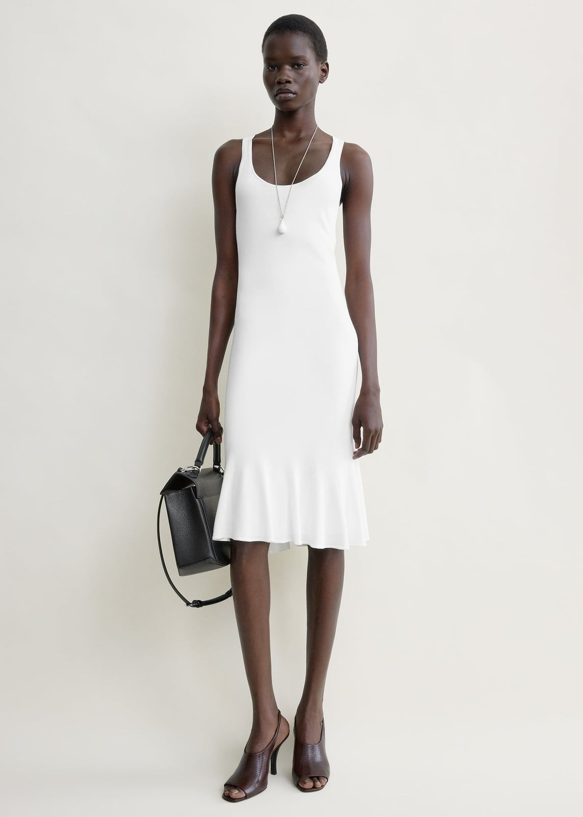 White Ribbed Knit Midi Dress with Ruffled Hem — Classy White Dresses Outfit