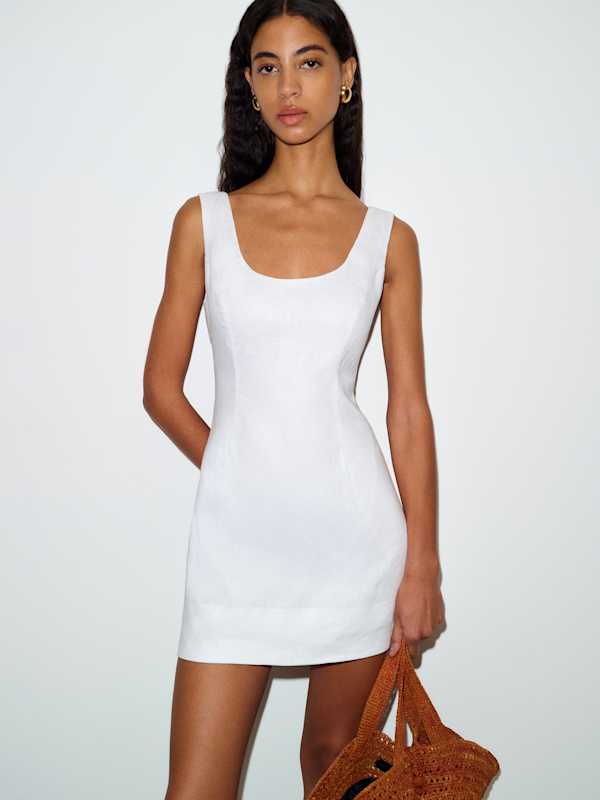 White Linen Blend Mini Dress with Square Neckline — Classy White Dresses Outfit
