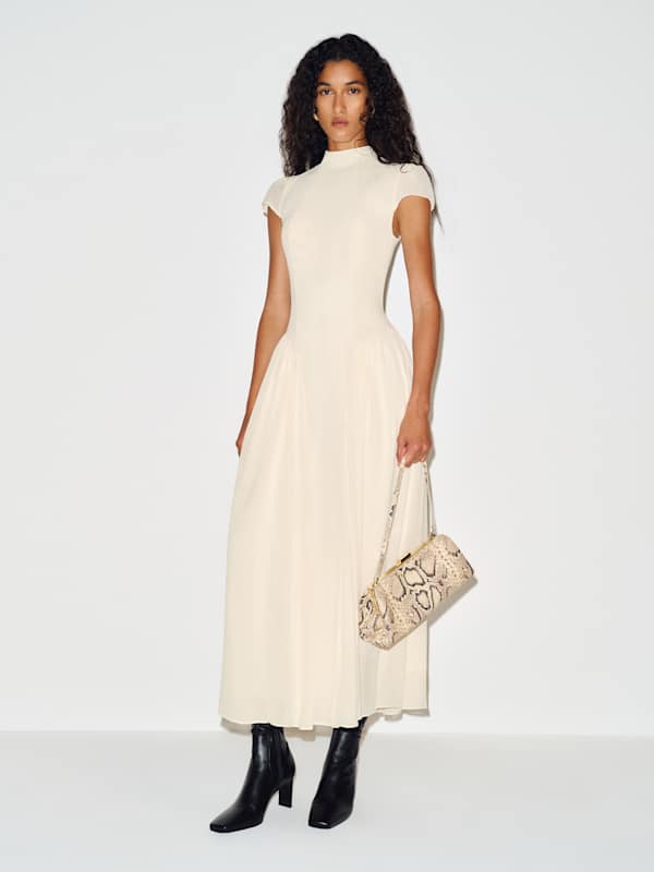White Midi Dress with Puffed Sleeves and Floral Appliqué — Classy White Dresses Outfit