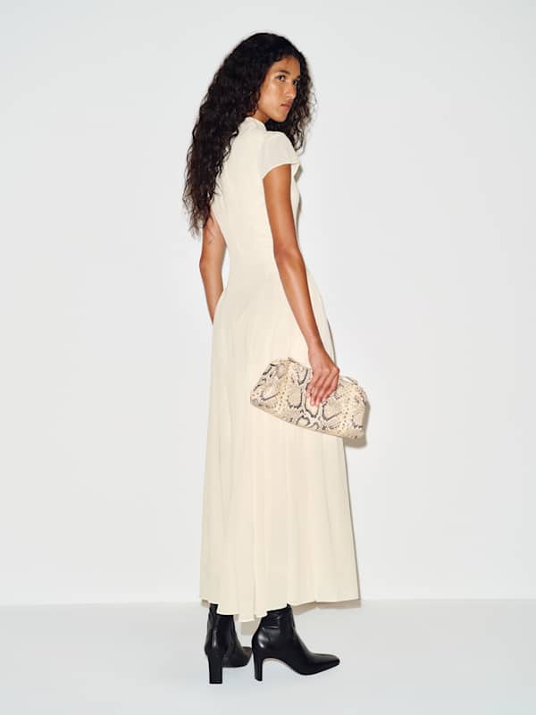 Cream Crepe Dress with Draped Neckline and Flowing Skirt — Classy White Dresses Outfit