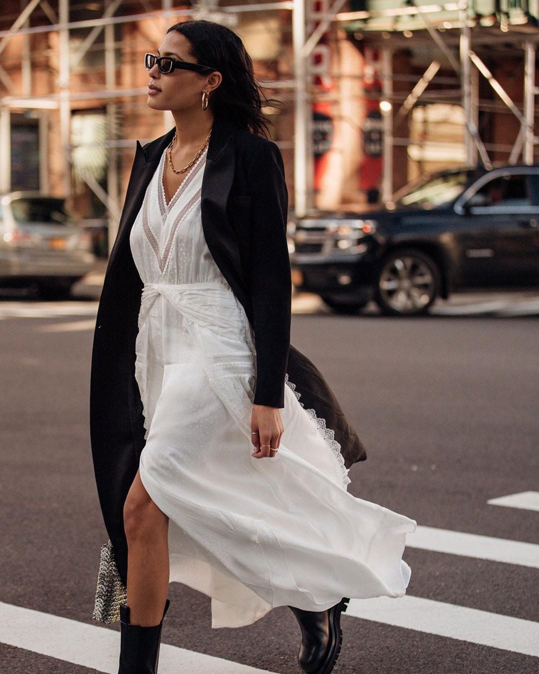 Flowy White Maxi Dress Under an Oversized Black, Office-Safe Version — Classy White Dresses Outfit