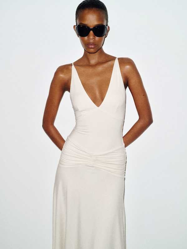Off-white Ruched Dress with Deep V-neck — Classy White Dresses Outfit