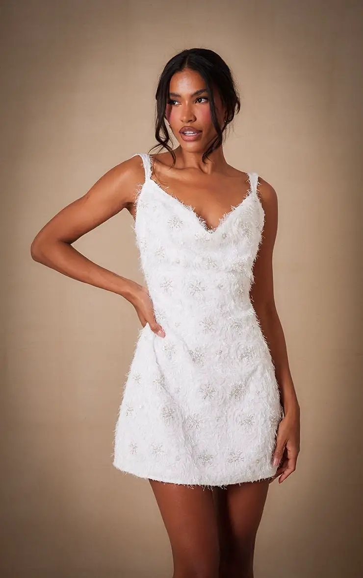 White Embellished Mini Dress with Cowl Neckline — Classy White Dresses Outfit