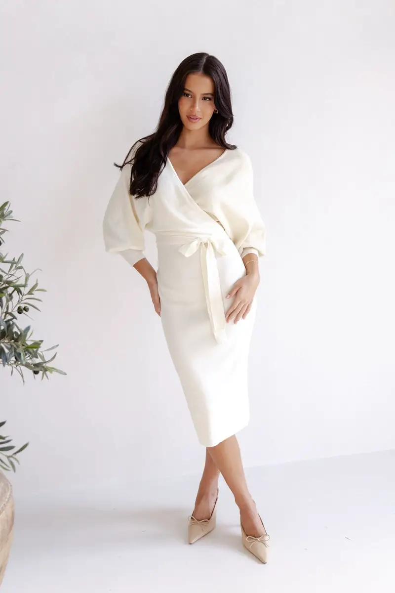 Off-white Knit Wrap Midi Dress with a Self-Tie Belt — Classy White Dresses Outfit