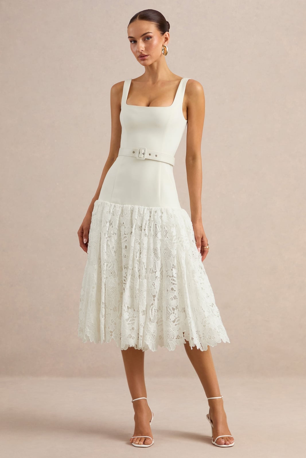 White Midi Dress with Lace Tiered Skirt, Close-Up Take — Classy White Dresses Outfit
