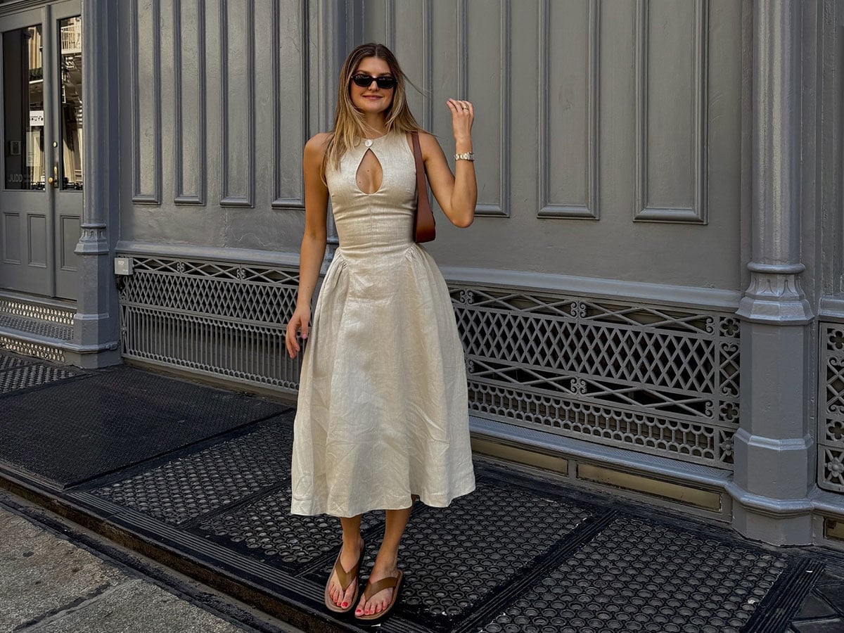 Beige Linen Sleeveless Midi Dress with Keyhole, Office-Safe Version — Classy White Dresses Outfit