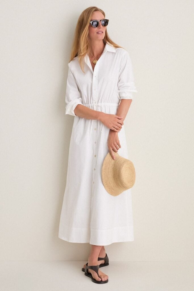 White Cotton Shirt Dress with Cinched Waist — Classy White Dresses Outfit
