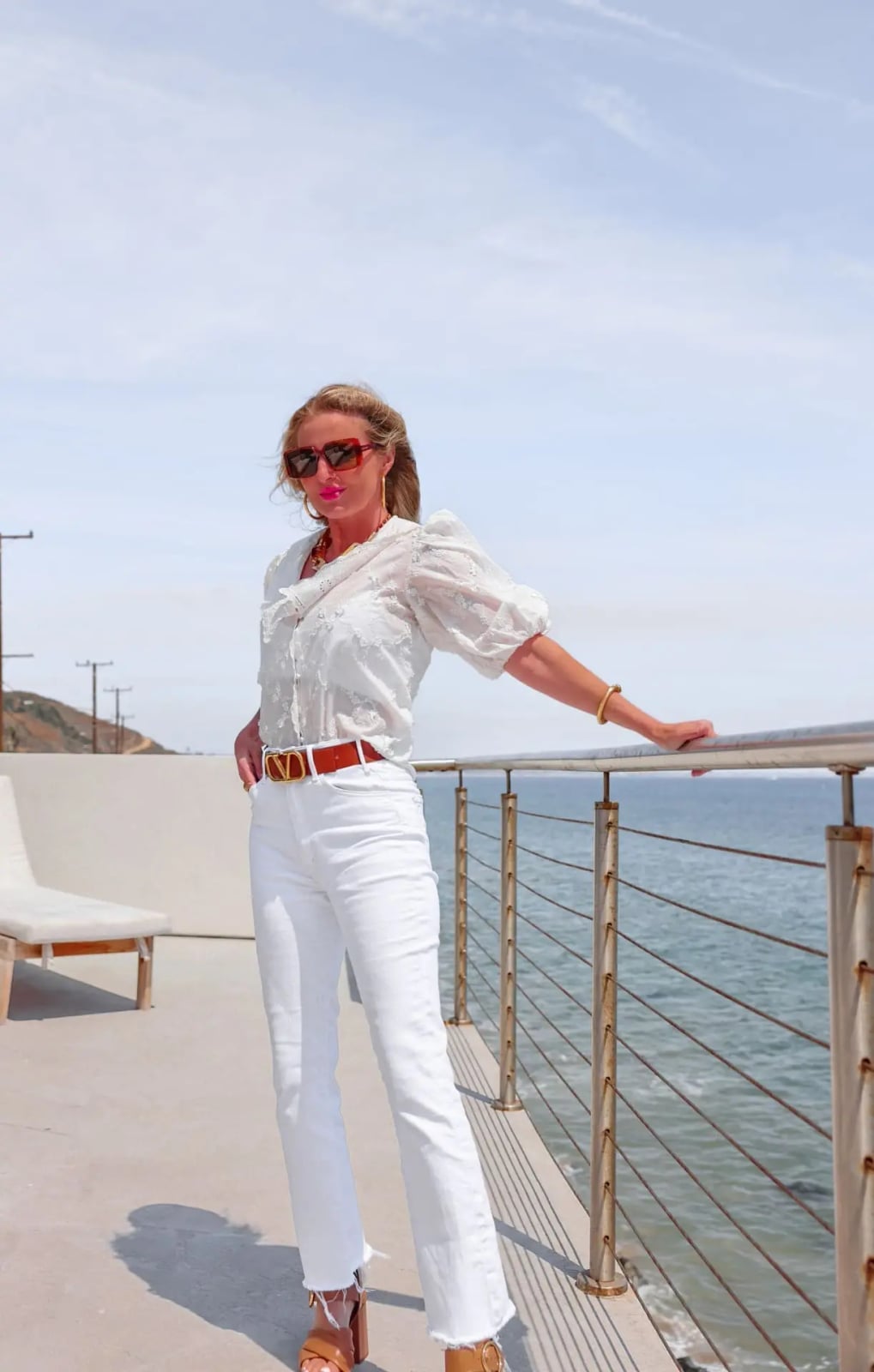 White Straight Leg Jeans With Sheer Puff Sleeve Blouse — Classy White Jeans Outfits
