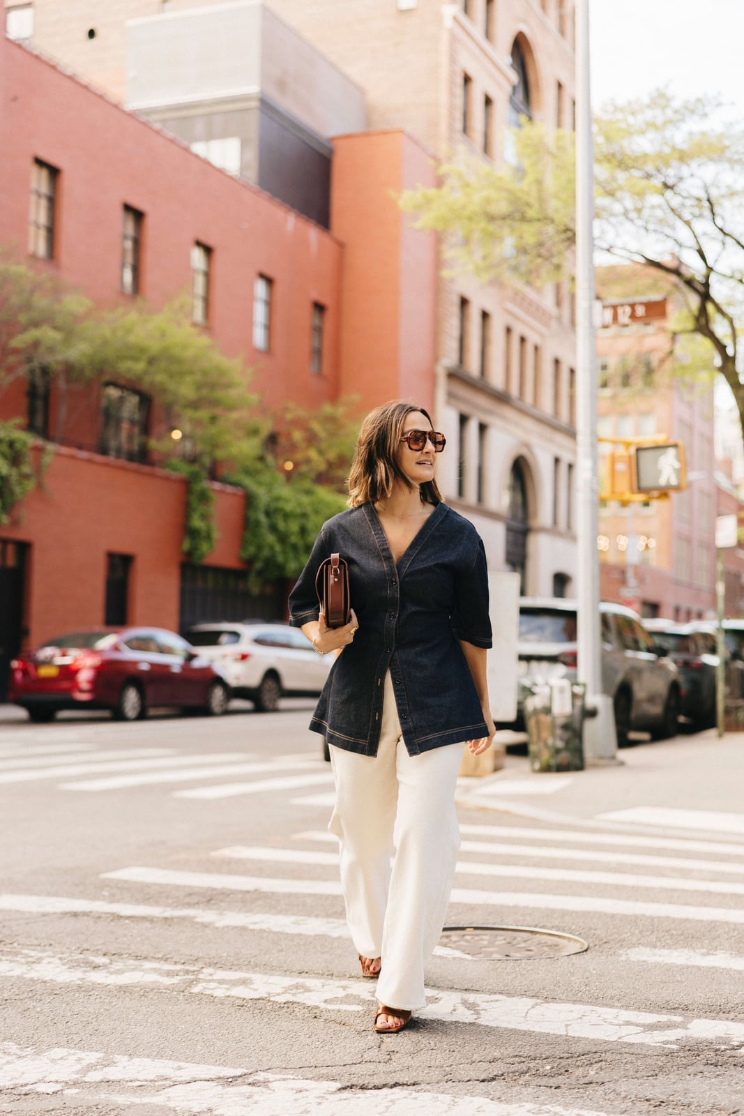 White Wide Leg Trousers With Denim Shirt And Brown Sandals — Classy White Jeans Outfits