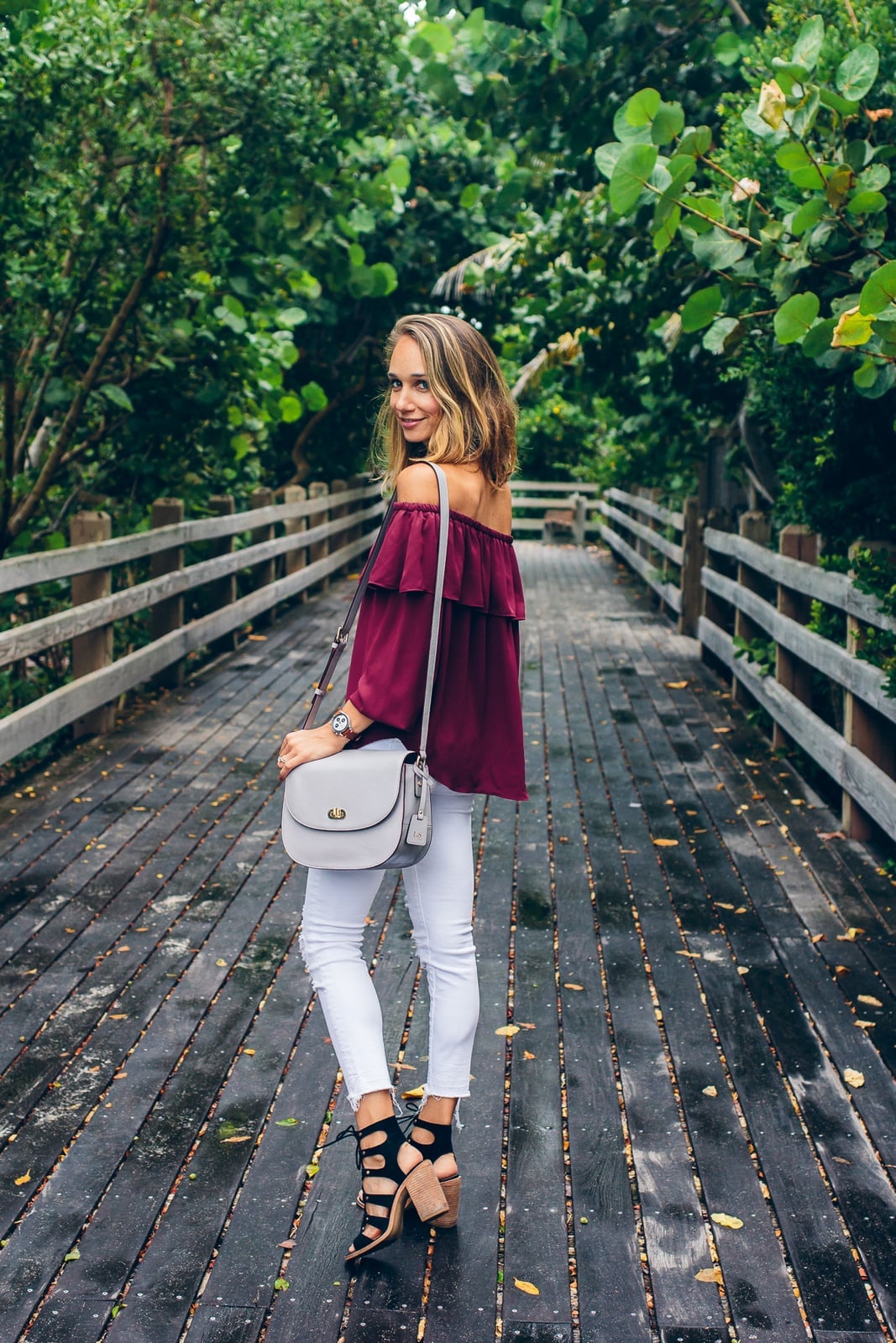 White Straight Leg Jeans With Burgundy Ruffled Top — Classy White Jeans Outfits