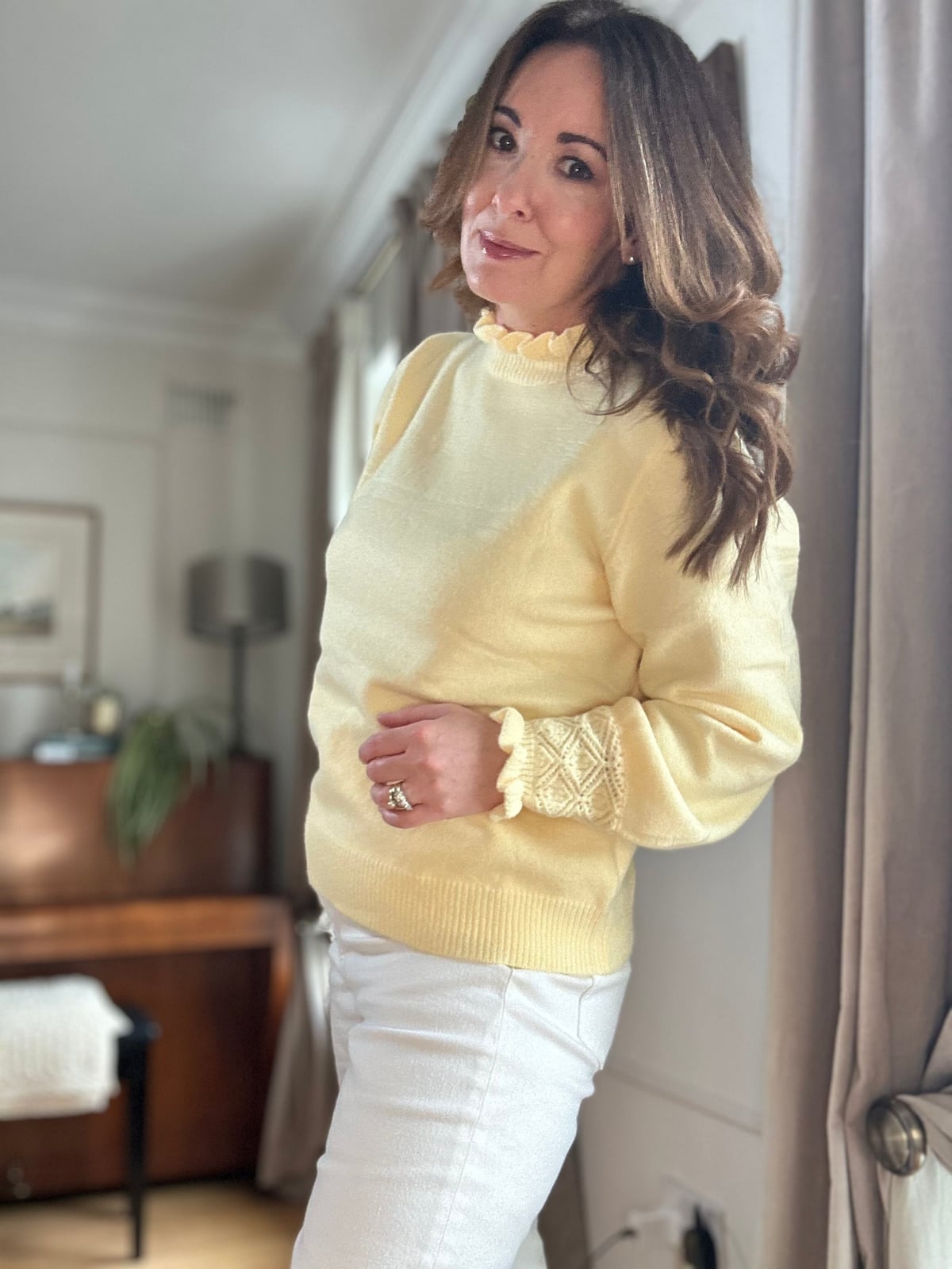 White Straight Leg Jeans With Tan Turtleneck And White Boots — Classy White Jeans Outfits