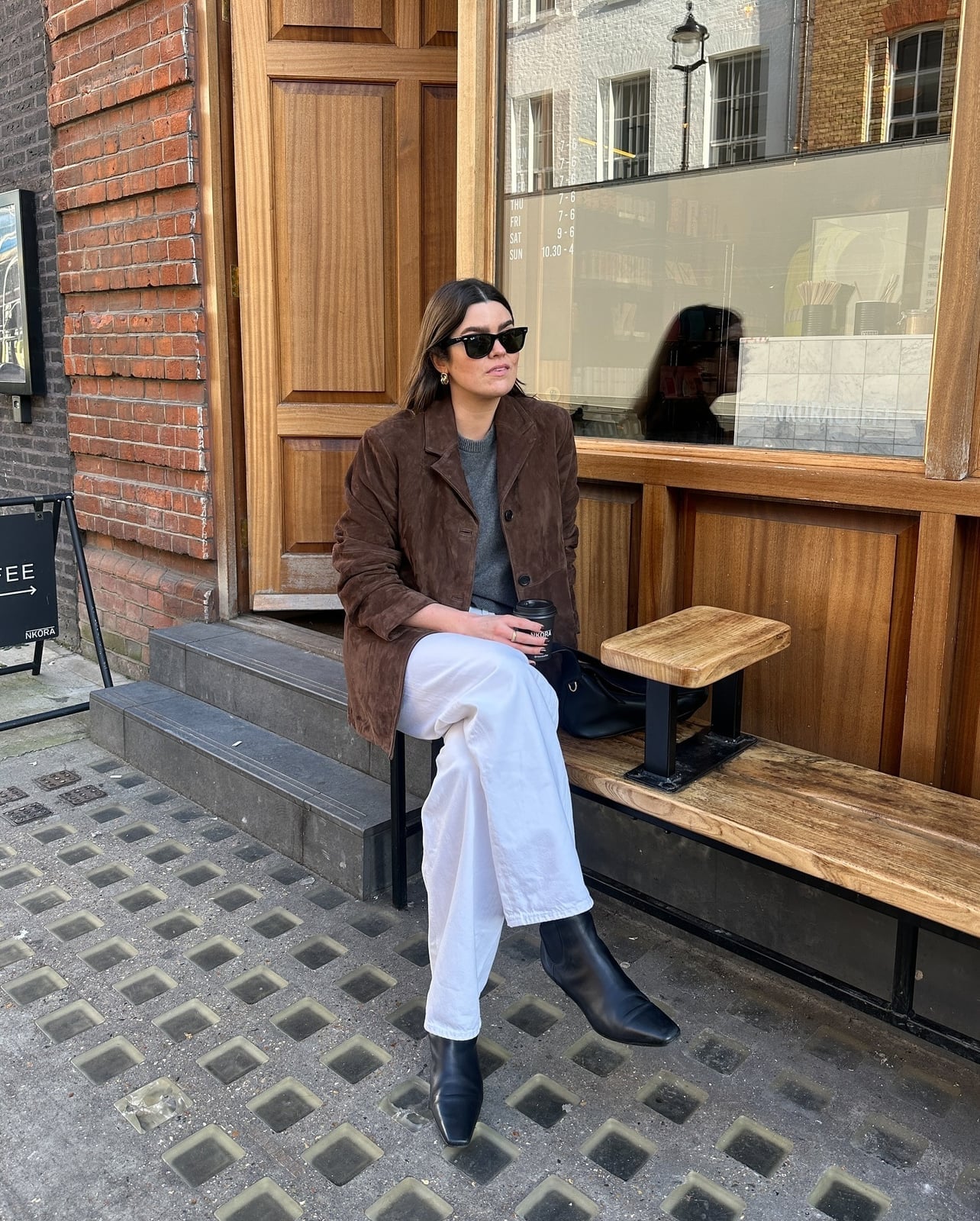White Trousers With Gray Sweater And Brown Suede Jacket — Classy White Jeans Outfits