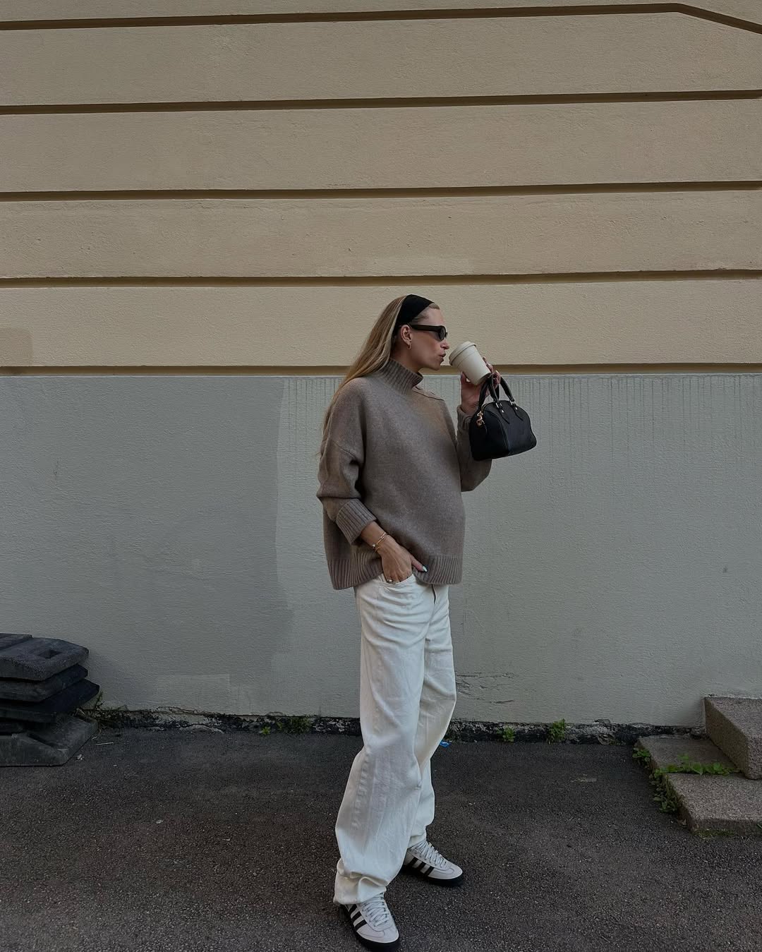 White Wide Leg Jeans With Taupe Turtleneck And Sneakers — Classy White Jeans Outfits