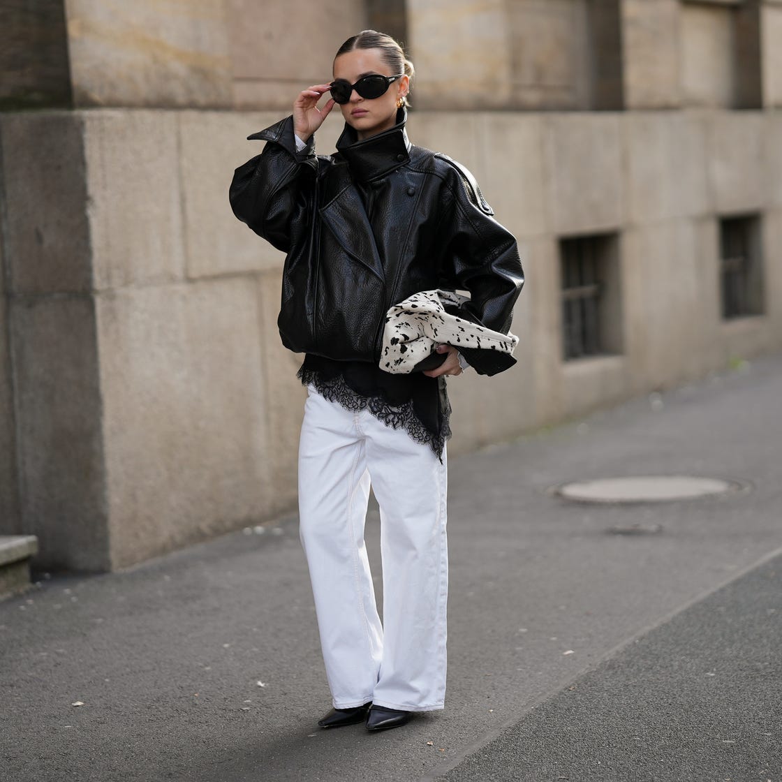 White Wide Leg Jeans With Black Camisole And Leather Jacket — Classy White Jeans Outfits