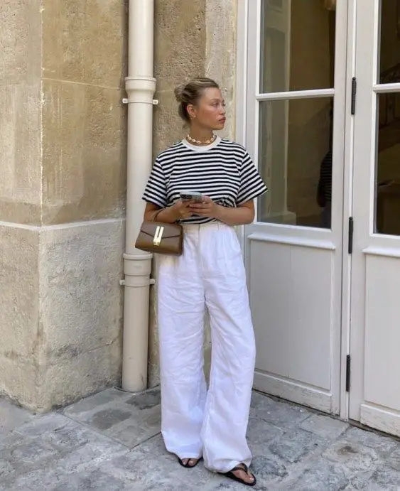 White Linen Trousers With Striped T-Shirt White Linen Trousers With Striped T-Shirt — Classy White Pants Outfits