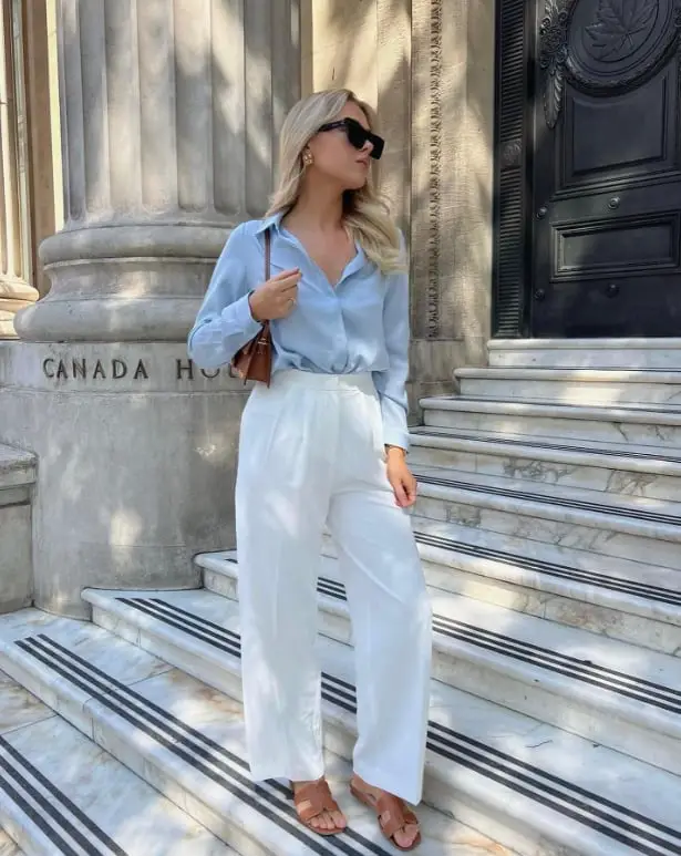 White Wide Leg Trousers With Blue Silk Shirt White Wide Leg Trousers With Blue Silk Shirt — Classy White Pants Outfits