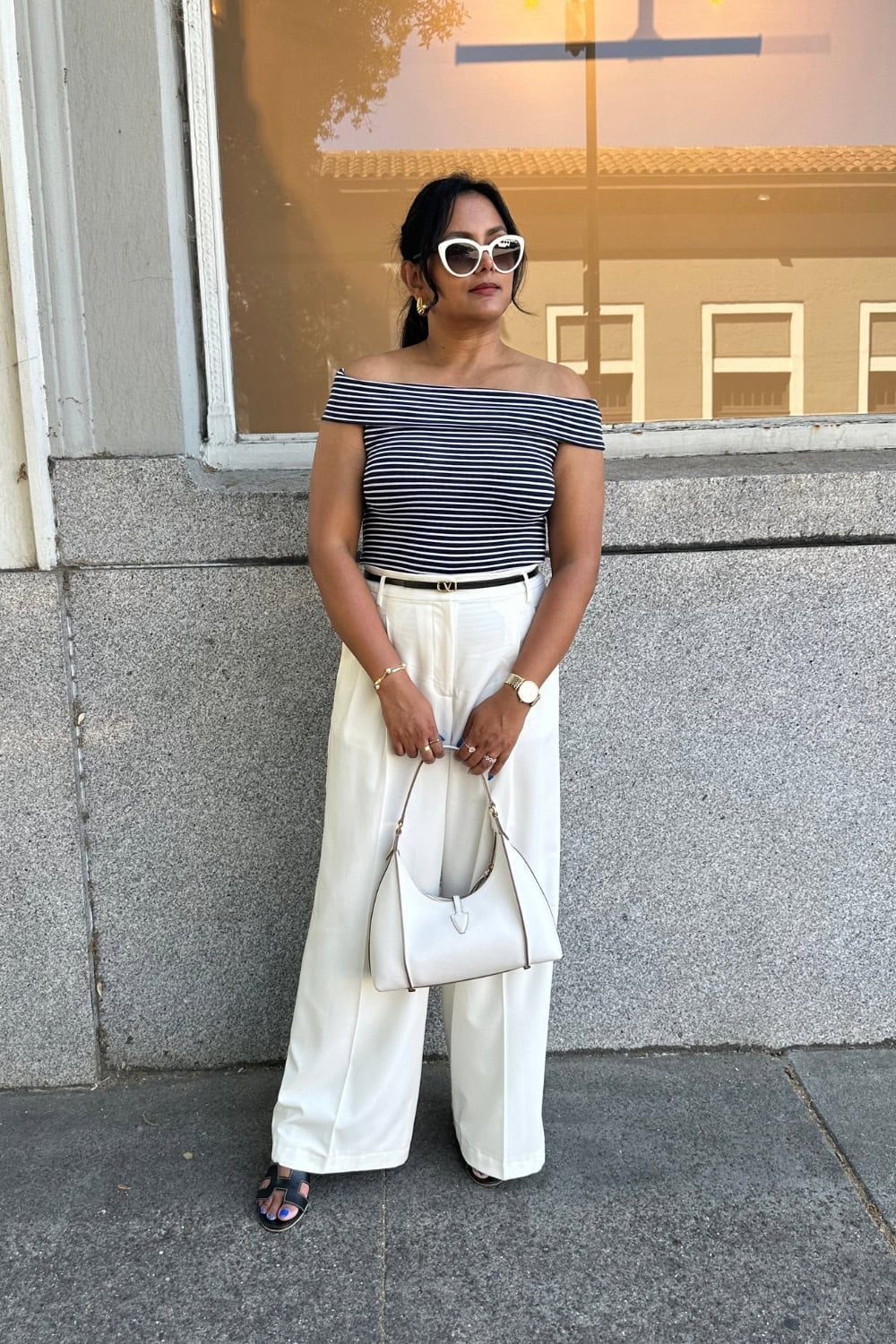 White Wide Leg Trousers With Striped Off-Shoulder Top White Wide Leg Trousers With Striped Off-Shoulder Top — Classy White Pants Outfits