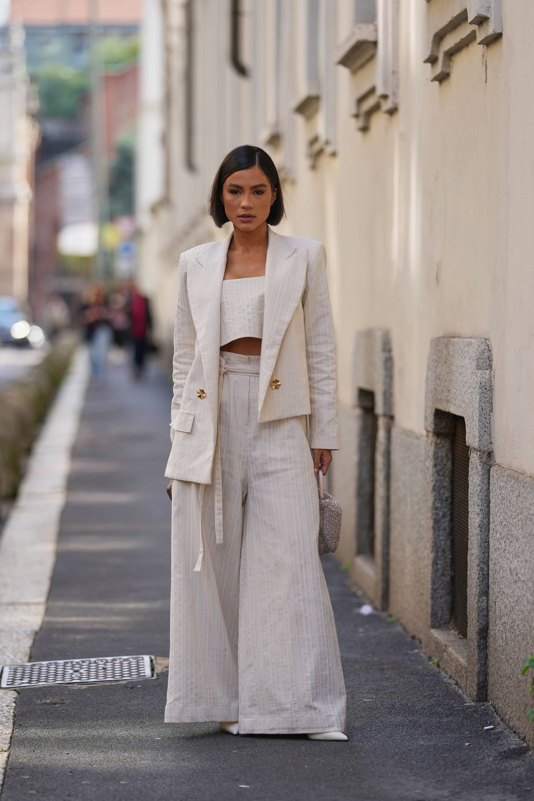 Linen Blend Set With Cropped Jacket Linen Blend Set With Cropped Jacket — Classy White Pants Outfits