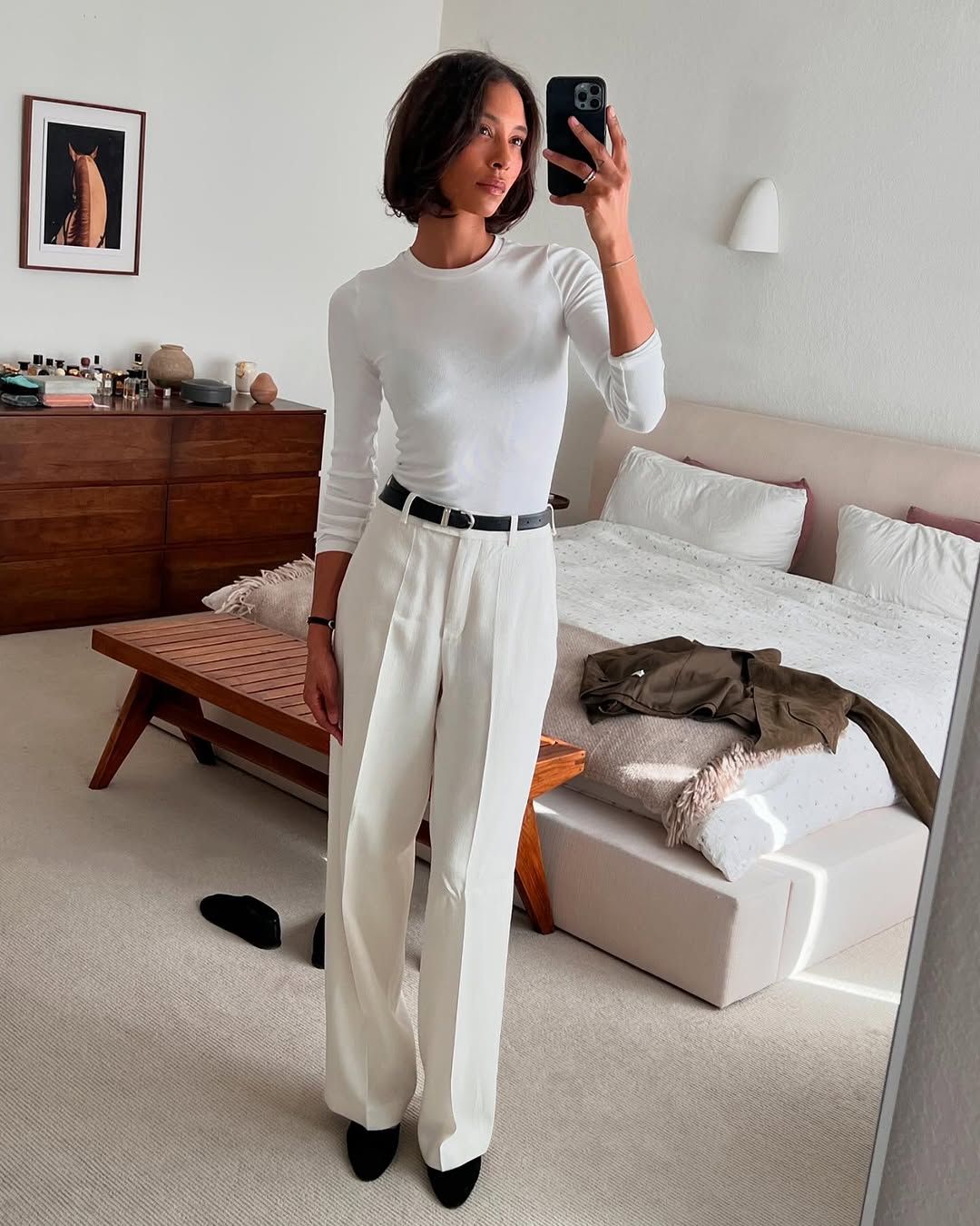 White Straight Leg Trousers With Fitted Top And Belt White Straight Leg Trousers With Fitted Top And Belt — Classy White Pants Outfits
