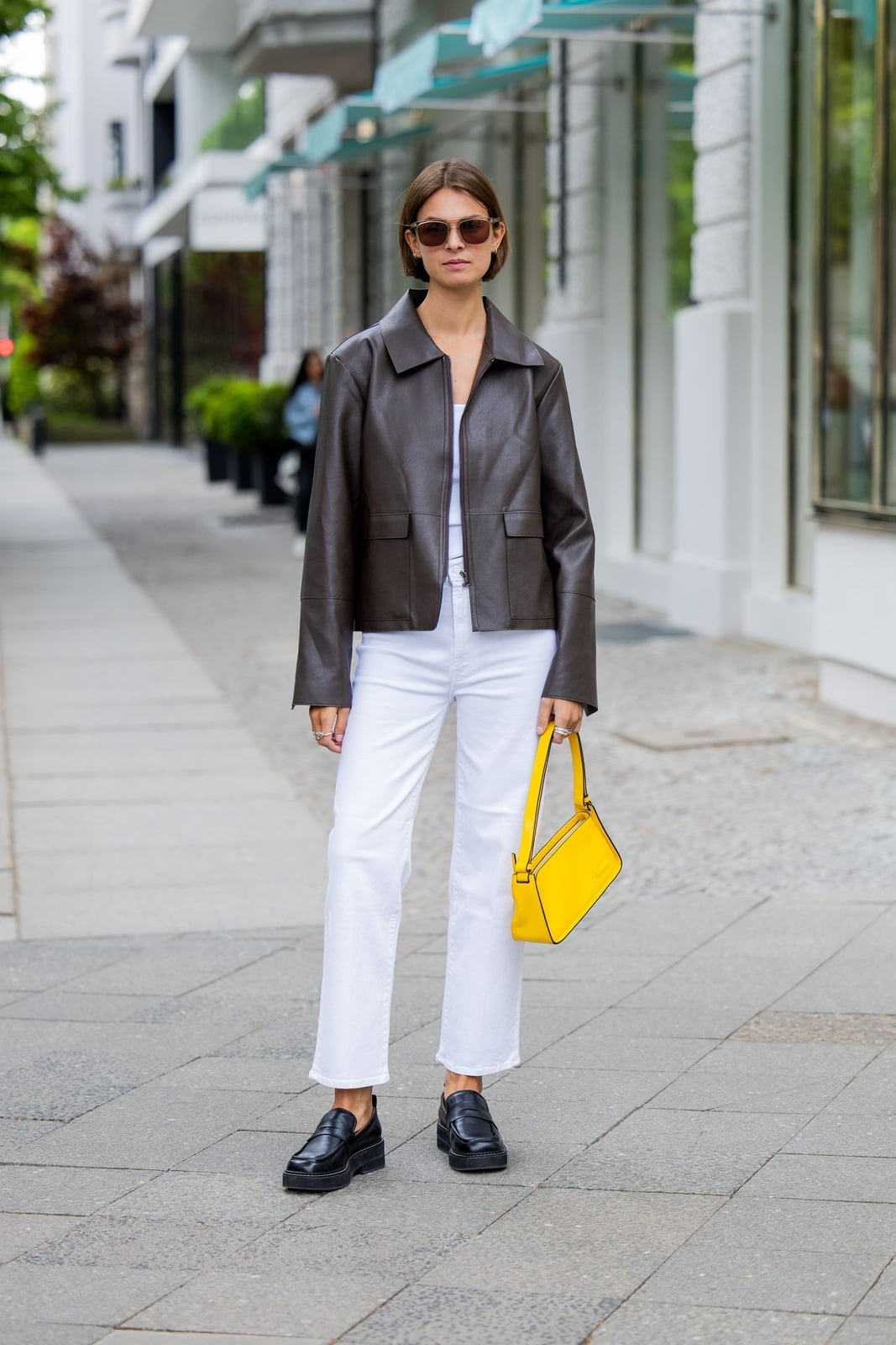 White Straight Leg Pants With Faux Leather Jacket White Straight Leg Pants With Faux Leather Jacket — Classy White Pants Outfits
