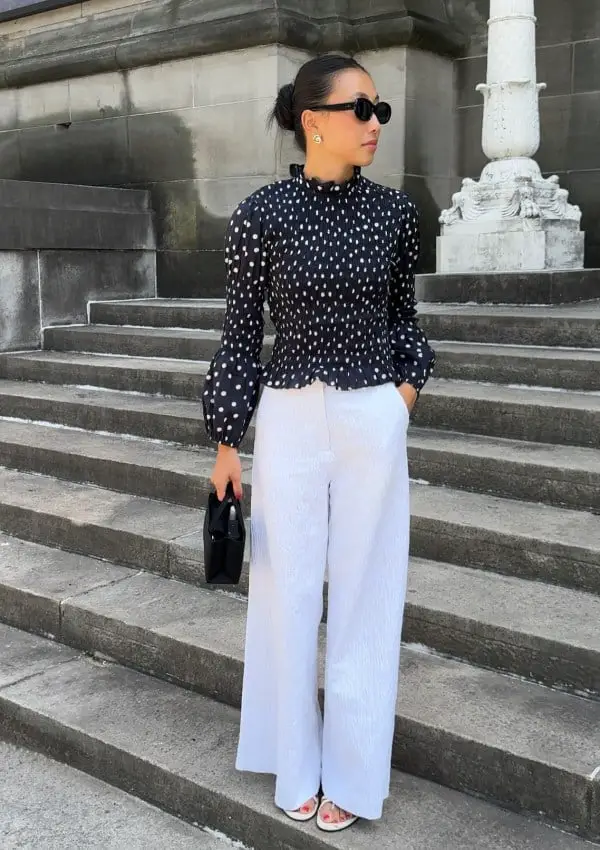 White Wide Leg Trousers With Polka Dot Blouse White Wide Leg Trousers With Polka Dot Blouse — Classy White Pants Outfits