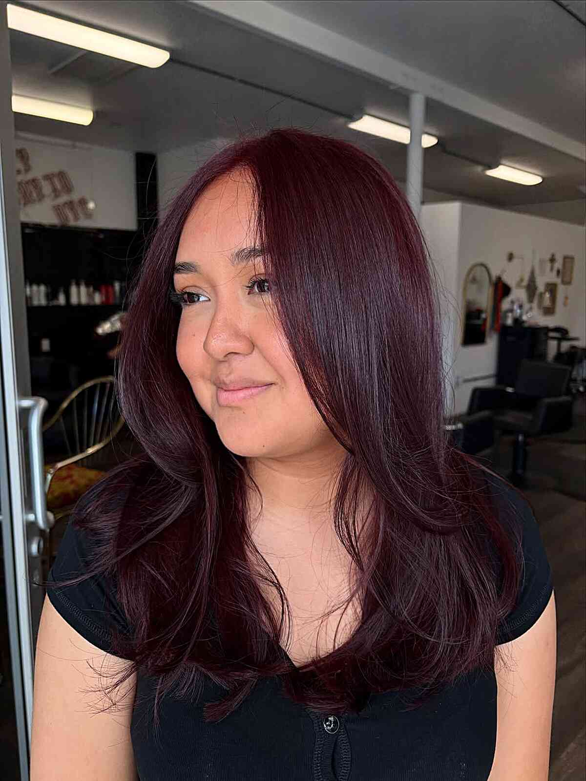 Shoulder Length Deep Wine Red With Highlights and Curtain Bangs — Classy Wine Red Hair
