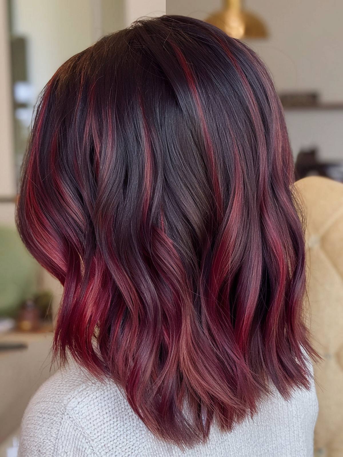 Collarbone Lob With Vibrant Red Balayage — Classy Wine Red Hair